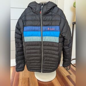 Cotopaxi Men's Fuego Down Black Puffer Jacket with Blue and Gray Stripe